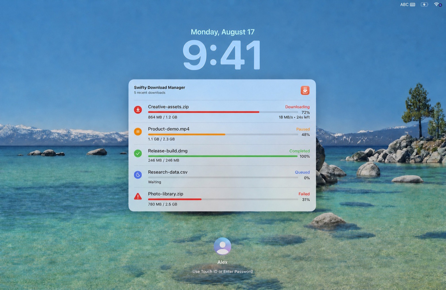 A Mac Lock Screen showing five recent downloads in Swifty Download Manager